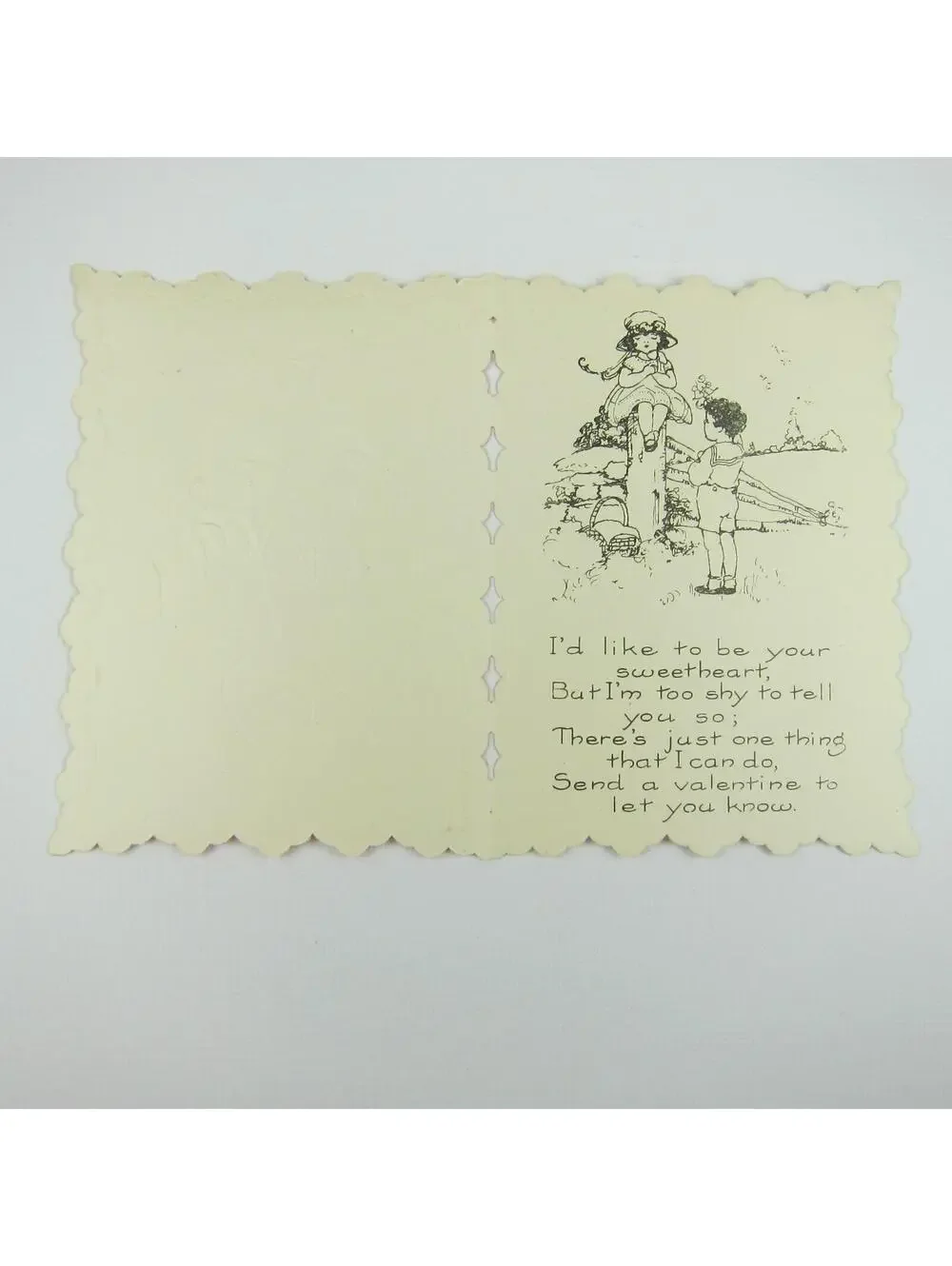 Vintage Valentine Card Die cut Bifold Boy & Redhead Girl Hats Red Heart UNSIGNED